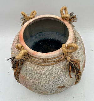 Primitive Mixed Media Earthenware Looped Jute & Woven Sweet Grass Clay Pot