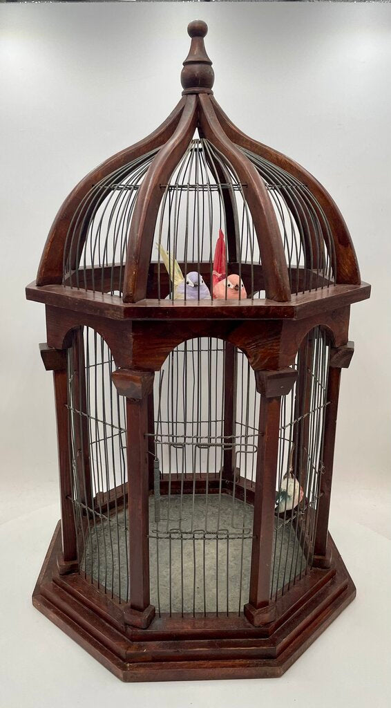 Victorian Style Balloon Dome Brown Octagonal Brown Wooden Wire Bird Cage w/ 3 Faux Birds