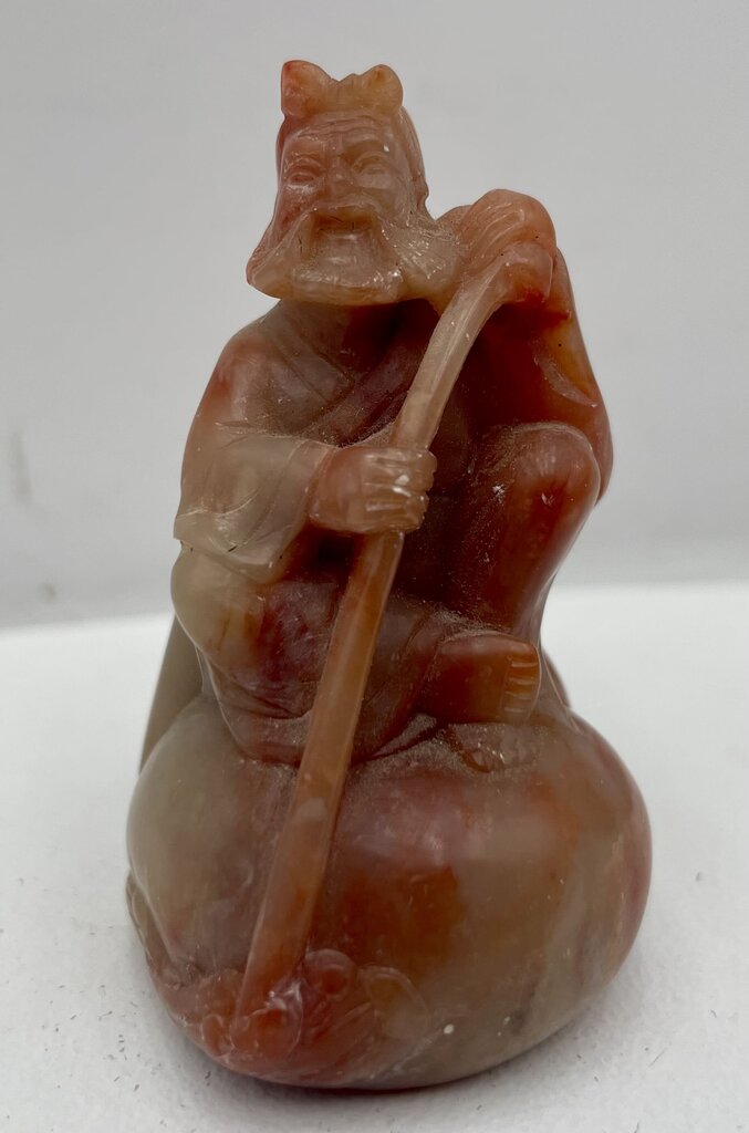 Vintage Chinese Carved Red Green Shoushan Stone Arhat Damo Buddha Statuette
