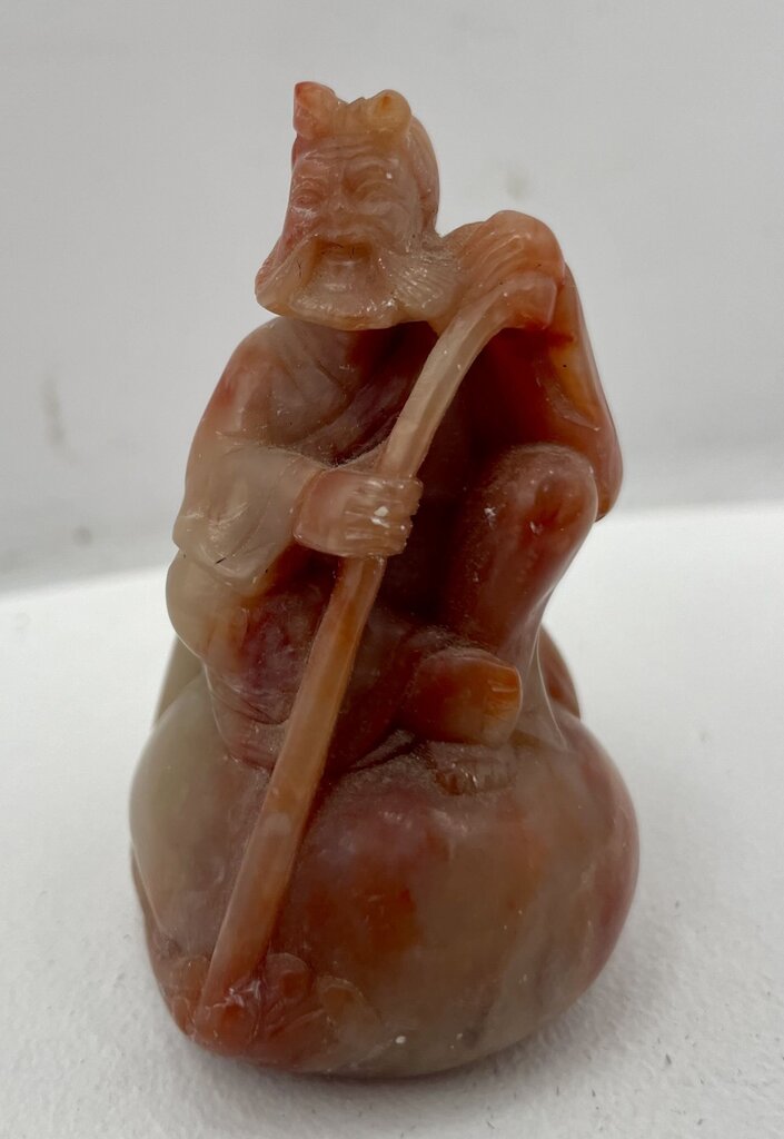 Vintage Chinese Carved Red Green Shoushan Stone Arhat Damo Buddha Statuette