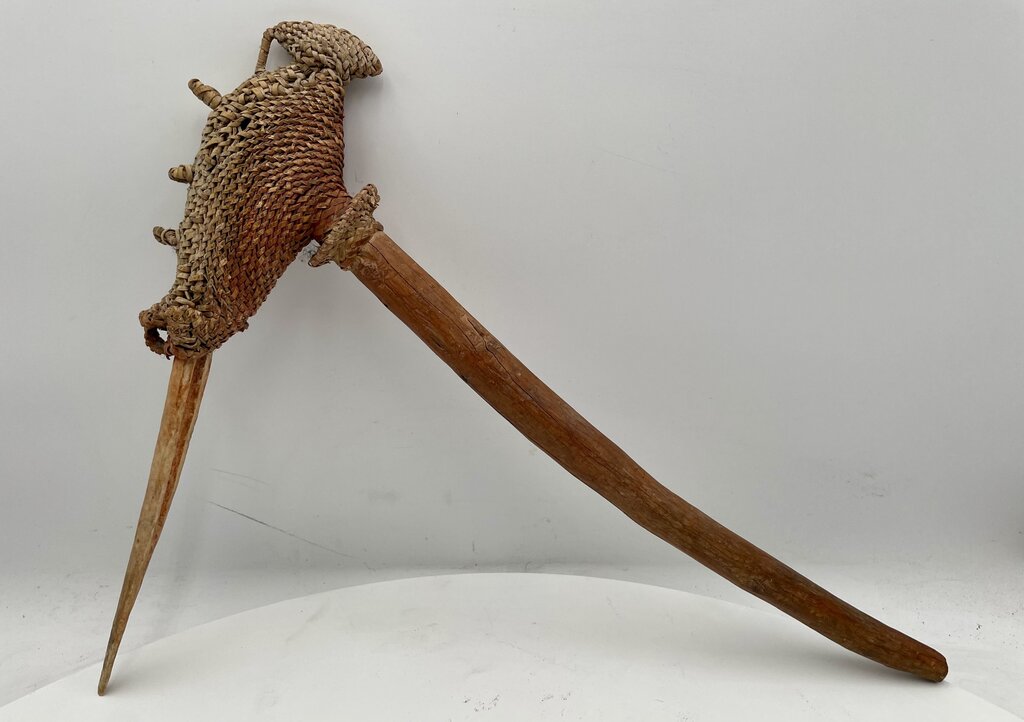 Primitive Papua New Guinea Woven Reed, Wood, & Bone Asmat Adze