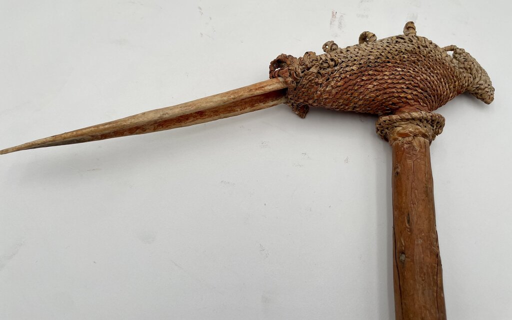Primitive Papua New Guinea Woven Reed, Wood, & Bone Asmat Adze