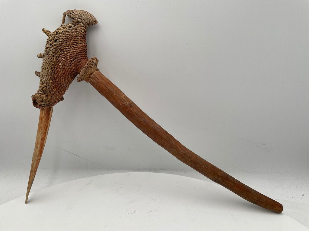 Primitive Papua New Guinea Woven Reed, Wood, & Bone Asmat Adze