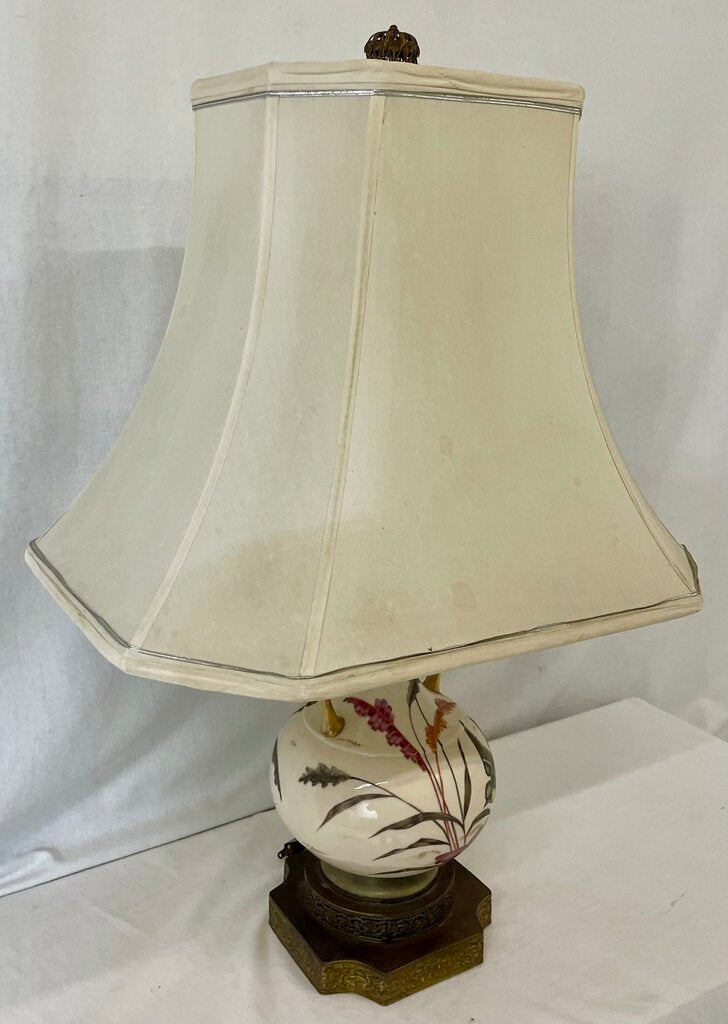 Vintage Hand Painted Porcelain & Brass Bird Butterfly Motif Double Light Table Lamp