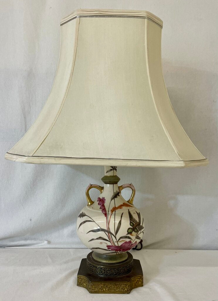Vintage Hand Painted Porcelain & Brass Bird Butterfly Motif Double Light Table Lamp