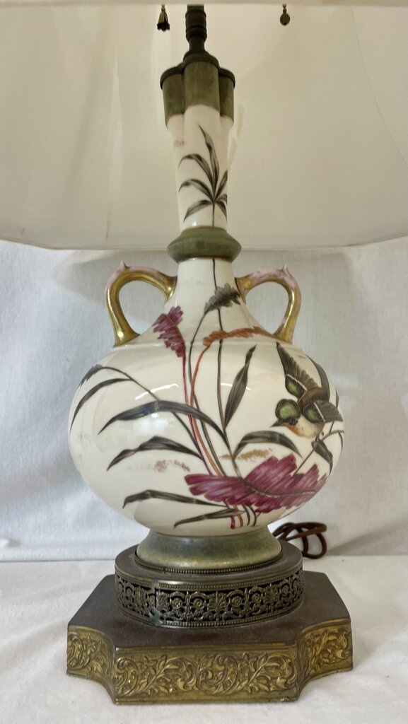 Vintage Hand Painted Porcelain & Brass Bird Butterfly Motif Double Light Table Lamp