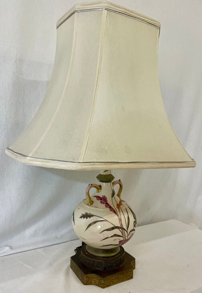 Vintage Hand Painted Porcelain & Brass Bird Butterfly Motif Double Light Table Lamp