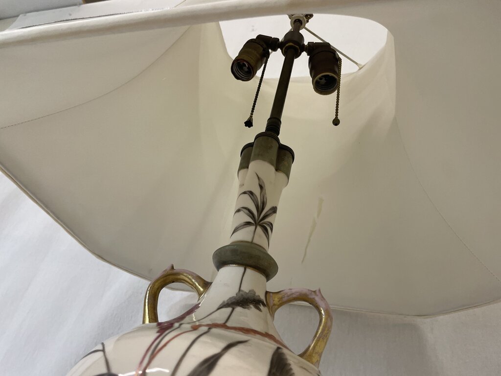Vintage Hand Painted Porcelain & Brass Bird Butterfly Motif Double Light Table Lamp