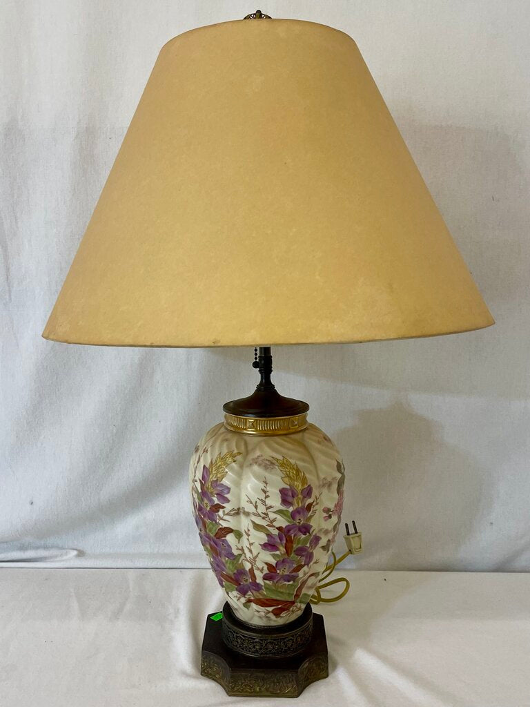 Vintage Hand Painted Gilt Accent Floral Motif Porcelain & Brass Double Light Table Lamp Porcelain