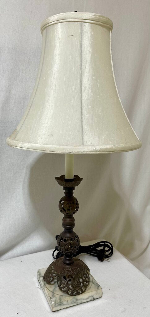 Vintage Brass Ornate Filigree White Marble Base Candlestick Style Table Lamps(PAIR)