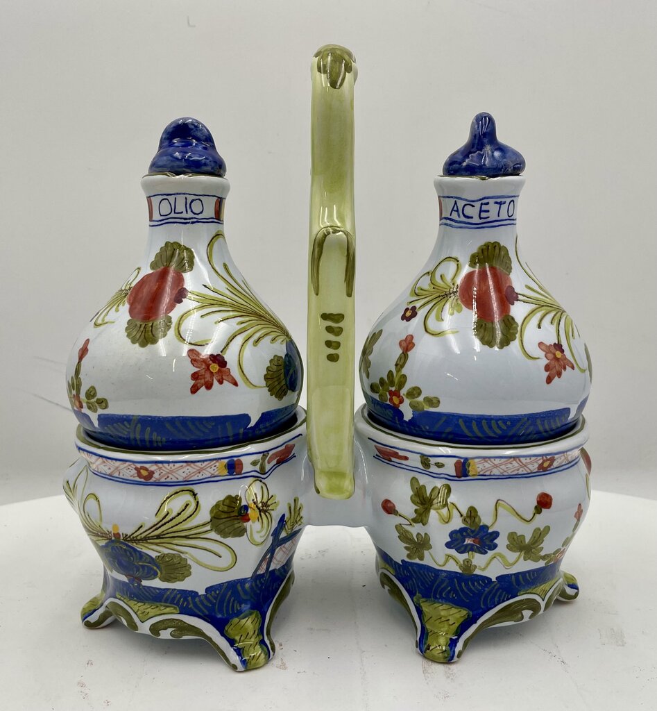 Vintage CACF Faenza Italy Ceramic Lidded Cruet Set & Caddy (5 Pcs)