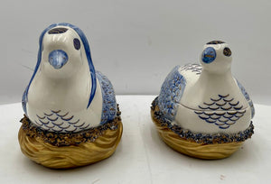 Italian Porcellane D'Arte Ermete Agostinelli Blue White Gilt Lidded Nesting Bird (#394B) (B)