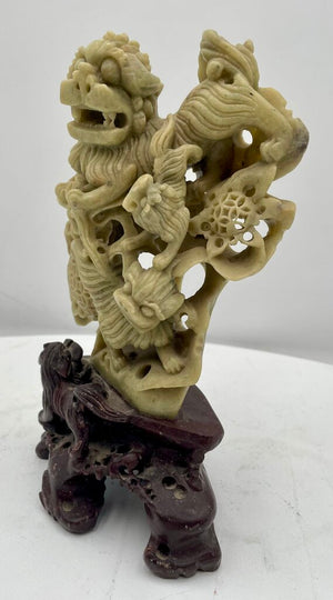 Vintage Chinese Ornately Carved White and Black Soap Stone Foo Dog Statue