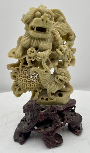 Vintage Chinese Ornately Carved White and Black Soap Stone Foo Dog Statue
