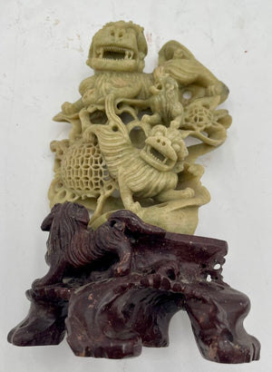 Vintage Chinese Ornately Carved White and Black Soap Stone Foo Dog Statue