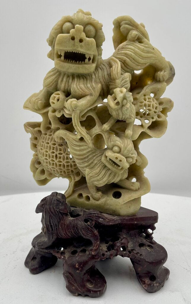 Vintage Chinese Ornately Carved White and Black Soap Stone Foo Dog Statue