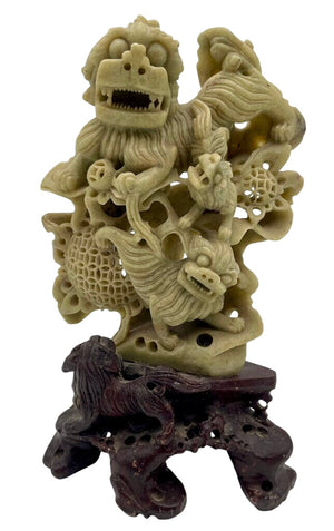 Vintage Chinese Ornately Carved White and Black Soap Stone Foo Dog Statue