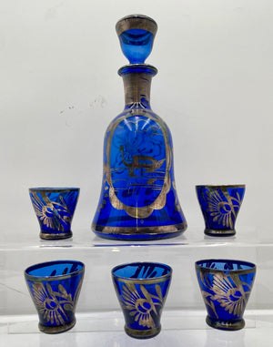 Venetian Cobalt Blue Silver Overlay Gondola Motif Decanter & Cordial Set (7 Pcs)