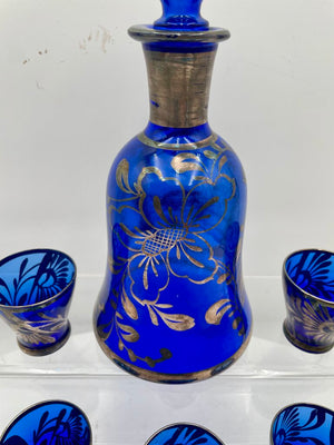 Venetian Cobalt Blue Silver Overlay Gondola Motif Decanter & Cordial Set (7 Pcs)