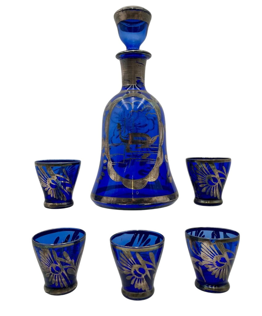 Venetian Cobalt Blue Silver Overlay Gondola Motif Decanter & Cordial Set (7 Pcs) by Miss Daisy's Consignment & Auction House