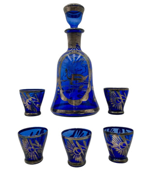 Venetian Cobalt Blue Silver Overlay Gondola Motif Decanter & Cordial Set (7 Pcs) by Miss Daisy's Consignment & Auction House