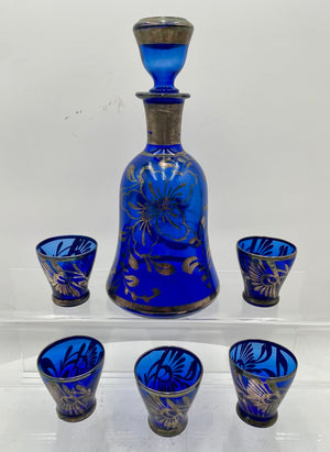 Venetian Cobalt Blue Silver Overlay Gondola Motif Decanter & Cordial Set (7 Pcs)