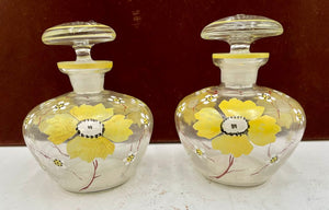 Vintage Hand Painted Yellow Floral Motif Perfume Bottle w/ Stopper (2 Pcs)