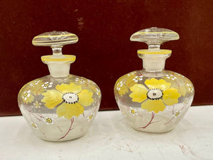 Vintage Hand Painted Yellow Floral Motif Perfume Bottle w/ Stopper (2 Pcs)