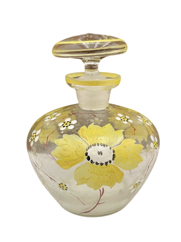 Vintage Hand Painted Yellow Floral Motif Perfume Bottle w/ Stopper (2 Pcs) by Miss Daisy's Consignment & Auction House