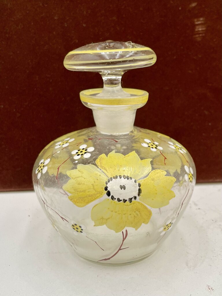 Vintage Hand Painted Yellow Floral Motif Perfume Bottle w/ Stopper (2 Pcs)