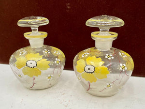 Vintage Hand Painted Yellow Floral Motif Perfume Bottle w/ Stopper (2 Pcs)