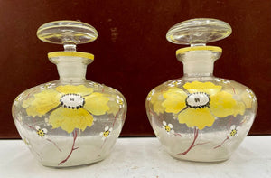 Vintage Hand Painted Yellow Floral Motif Perfume Bottle w/ Stopper (2 Pcs)