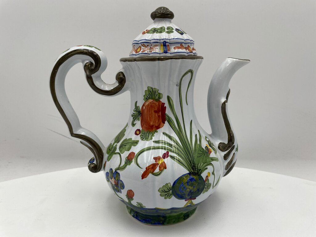 Vintage Italian Majolica Cantagalli Blue Carnation Motif Lidded Coffee Pot Signed Morelli Capri (2Pcs)