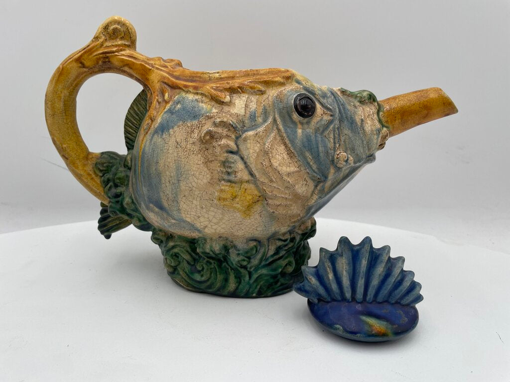 Replica Minton 1870's Spiny Fish Majolica Decorative Lidded Tea Pot (2Pcs)