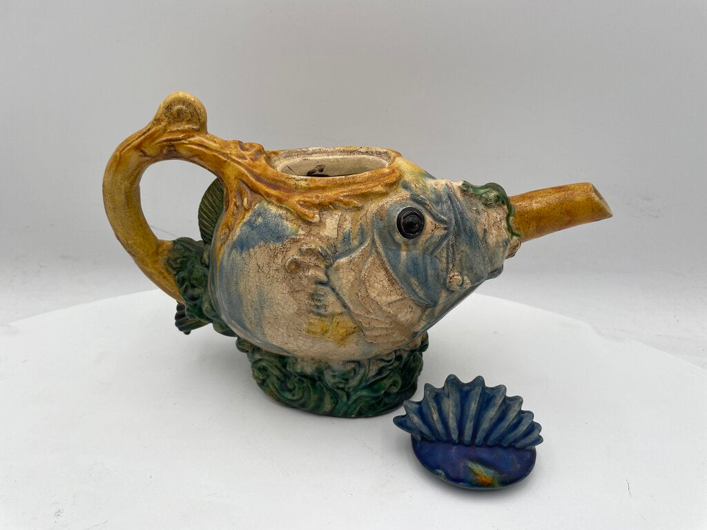 Replica Minton 1870's Spiny Fish Majolica Decorative Lidded Tea Pot (2Pcs)