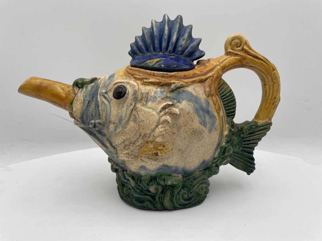 Replica Minton 1870's Spiny Fish Majolica Decorative Lidded Tea Pot (2Pcs)