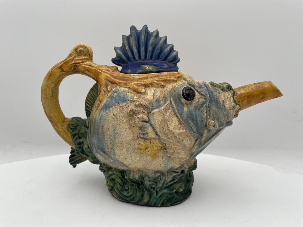 Replica Minton 1870's Spiny Fish Majolica Decorative Lidded Tea Pot (2Pcs)