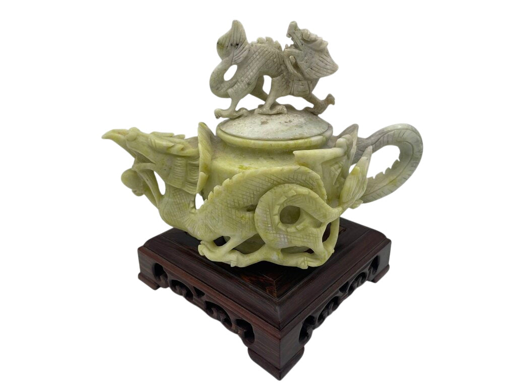 Vintage Ornately Carved Lantian Jade Chinese Fire Dragon Teapot on Rosewood Stand (3 Pcs) by Miss Daisy's Consignment & Auction House