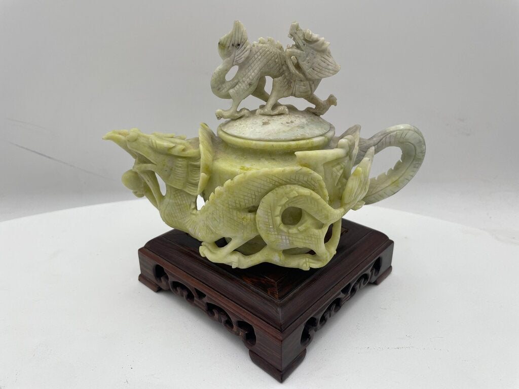Vintage Ornately Carved Lantian Jade Chinese Fire Dragon Teapot on Rosewood Stand (3 Pcs)
