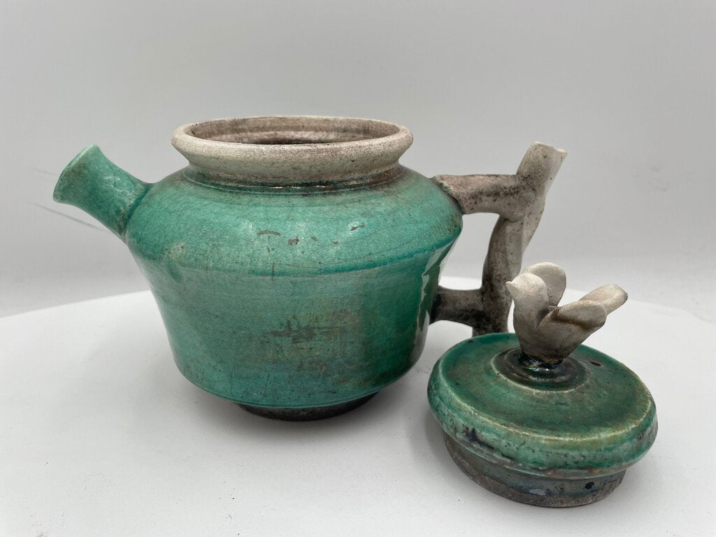 Japanese Style Raku Green Bird Motif Lid Teapot Signed (2Pcs)
