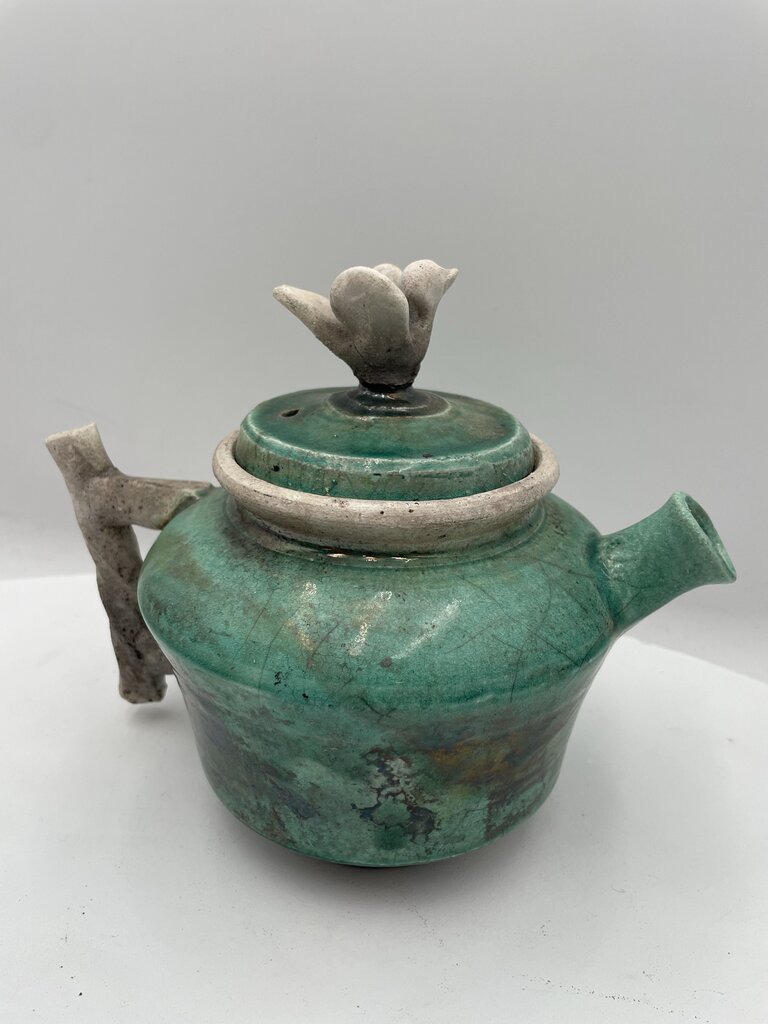 Japanese Style Raku Green Bird Motif Lid Teapot Signed (2Pcs)