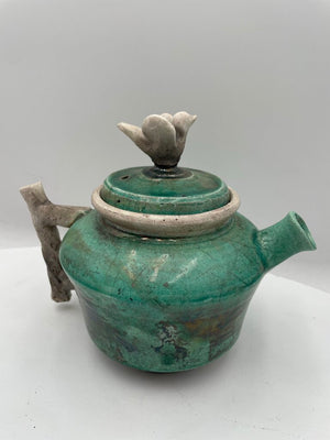 Japanese Style Raku Green Bird Motif Lid Teapot Signed (2Pcs)