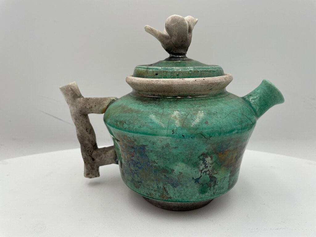 Japanese Style Raku Green Bird Motif Lid Teapot Signed (2Pcs)