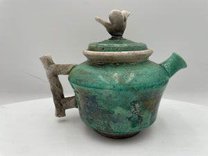 Japanese Style Raku Green Bird Motif Lid Teapot Signed (2Pcs)