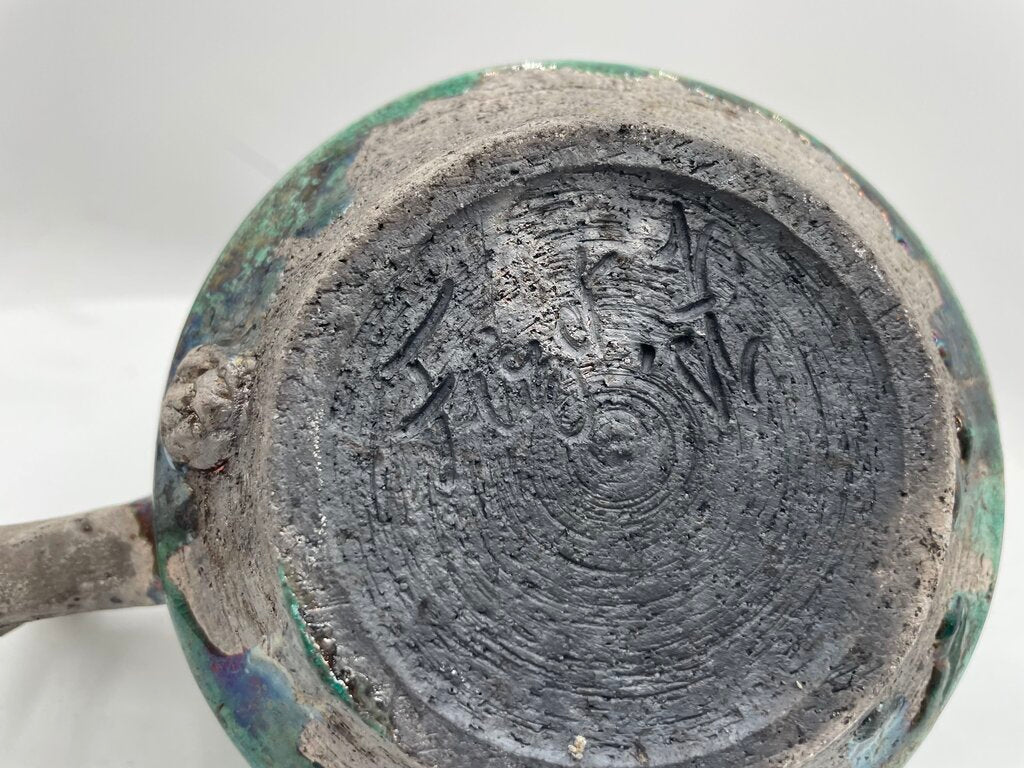 Japanese Style Raku Green Bird Motif Lid Teapot Signed (2Pcs)