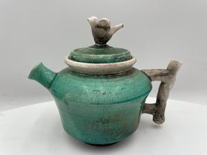 Japanese Style Raku Green Bird Motif Lid Teapot Signed (2Pcs)