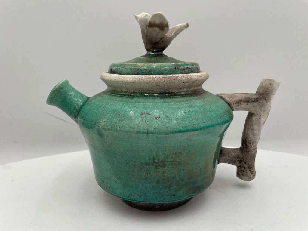 Japanese Style Raku Green Bird Motif Lid Teapot Signed (2Pcs)