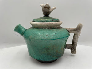 Japanese Style Raku Green Bird Motif Lid Teapot Signed (2Pcs)