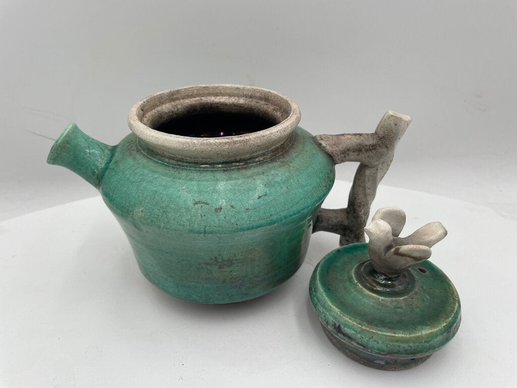Japanese Style Raku Green Bird Motif Lid Teapot Signed (2Pcs)