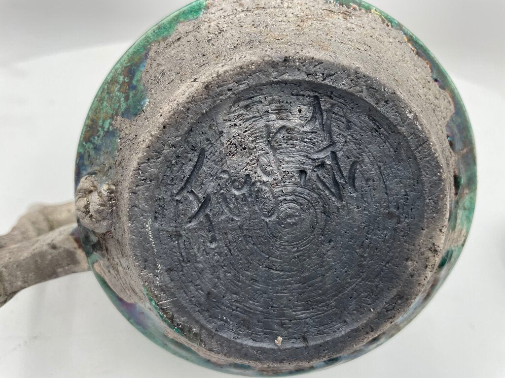 Japanese Style Raku Green Bird Motif Lid Teapot Signed (2Pcs)